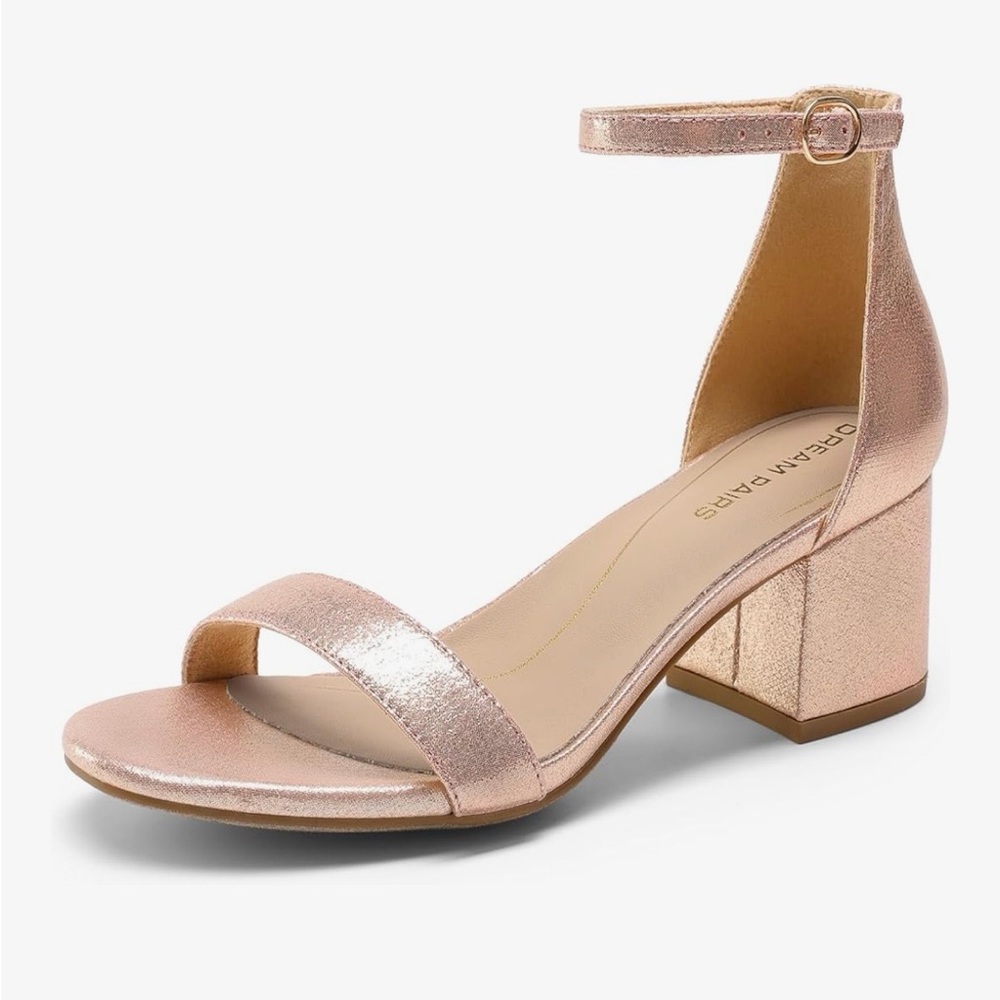 Dream Pairs Metallic Rose Gold Ankle-Strap Block Heel Sandal 5.5 EUC! Worn once